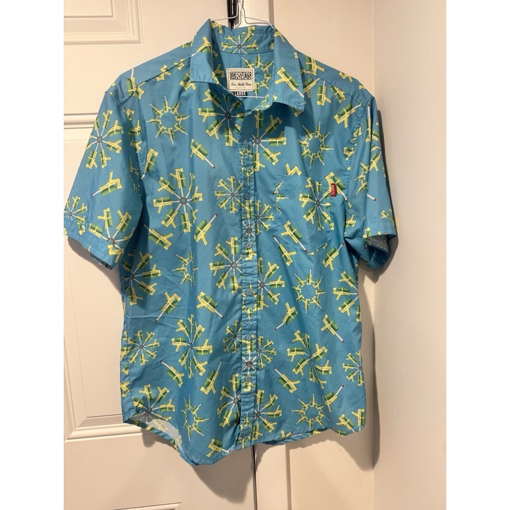 RSVLTS Shirt Mens L Blue Water Gun Super Soaker Snowflake Print Button Up
